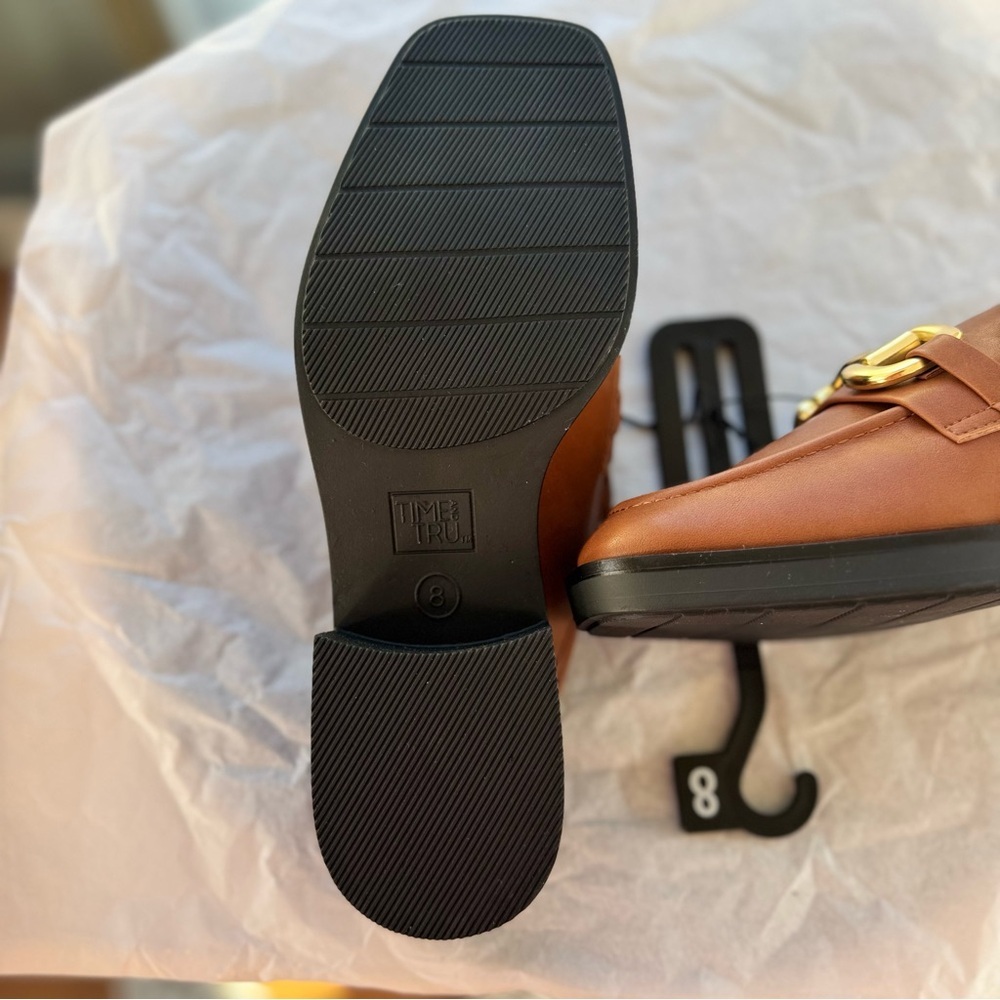 Time & Tru Women's Brown Loafer Mules Size 8 Memory Foam Slip On Gold Hardware - Picture 8 of 14